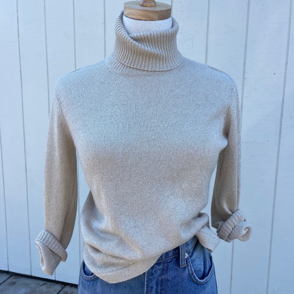 Talbots Gold Metallic Silk Cashmere Turtleneck Size Small
